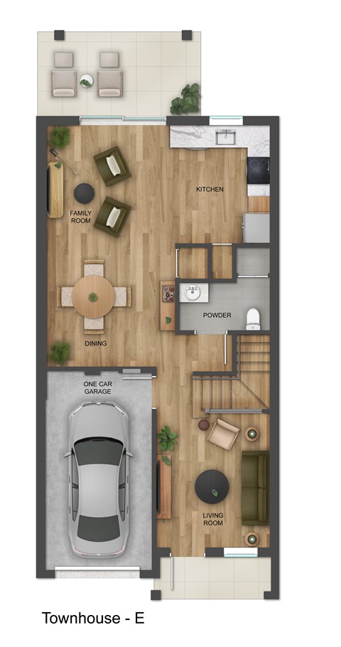 A floor plan of a townhouse with a living room, dining room, kitchen, powder room, and one car garage.
